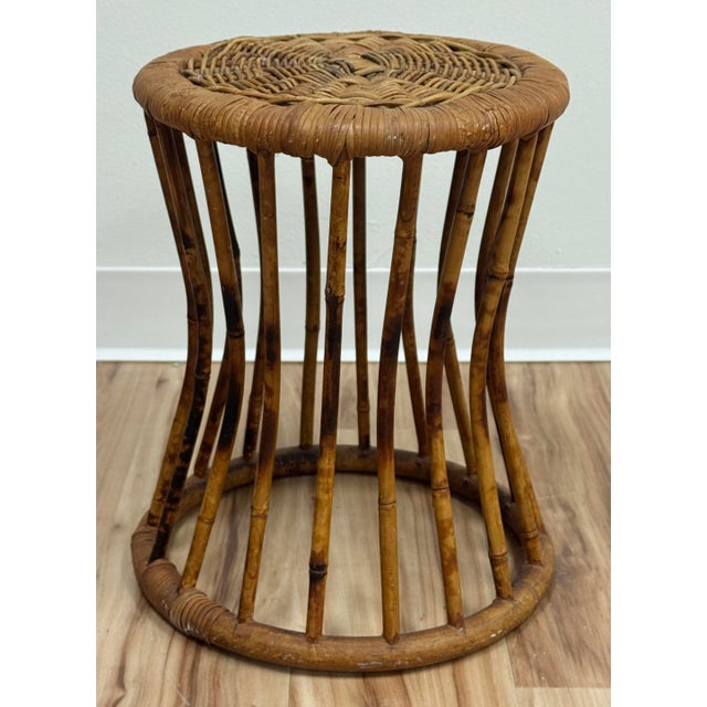 Vintage Scorched Bamboo Woven Wicker Top Stool or Plant Stand For Sale - Image 4 of 5