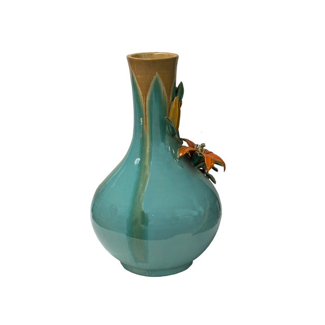 Turquoise Teal Bulbous Round Body Orange Dimensional Lily Flower Art Vase For Sale In San Francisco - Image 6 of 15