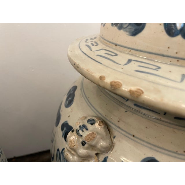 Early 20th C. Antique Blue & White Chinoiserie Lidded Temple Jars- A Pair For Sale - Image 15 of 18