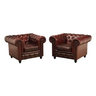 Chesterfield Style Pair of Oxford Red Leather Club Chairs For Sale