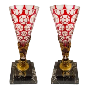 Late 19th Century Glass Vases with Nero Portoro Marble Bases- a Pair