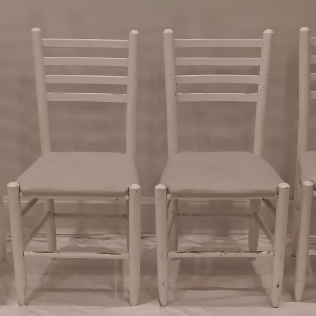 Vintage Wood Ladder Back Child's Accent Chair With Light Grey Upholstered Seat. Set of 4 For Sale - Image 4 of 12