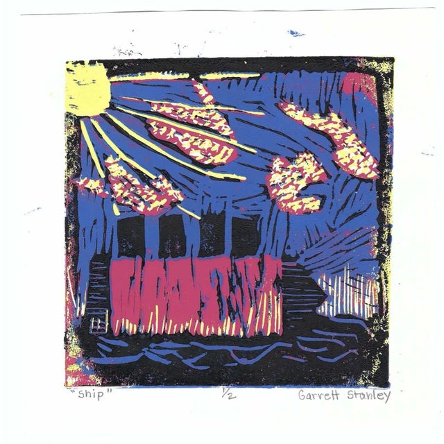 1990s color multi stage linocut on paper. Titled "Ship," numbered 1 of 2 and signed "Garrett Stanley."