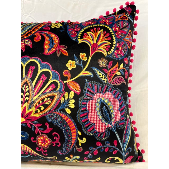 2020s 20" Square Decorative Throw Pillow With a Modern Paisley Floral Pattern in Bright Pinks, Yellows & Blues Framed by Bright Pink Pom-Poms For Sale - Image 5 of 11