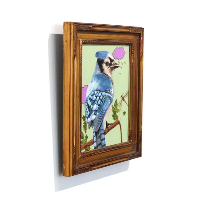 Lavender Cloud - Surreal Colorful Blue Jay Bird Painting in Elegant Gold Frame Original Artwork by Carlos Gamez De Francisco For Sale In Los Angeles - Image 6 of 9