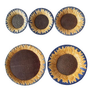 Lot of 5 Vintage 1990s Majolica Embossed Sunflower Plate Bowls From Mma Metropolitan Museum of Art - Set of 5 For Sale