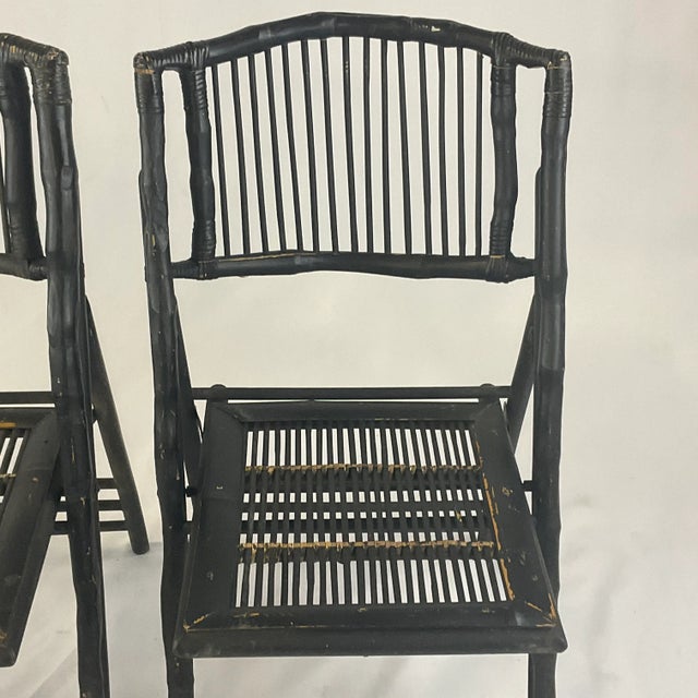 Vintage Chinoiserie Black Painted Bamboo & Wood Folding Chairs - A Pair For Sale - Image 6 of 11