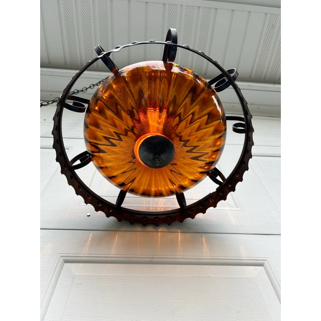 Mid 20th Century Vintage Amber Glass and Metal Swag Light For Sale - Image 4 of 6