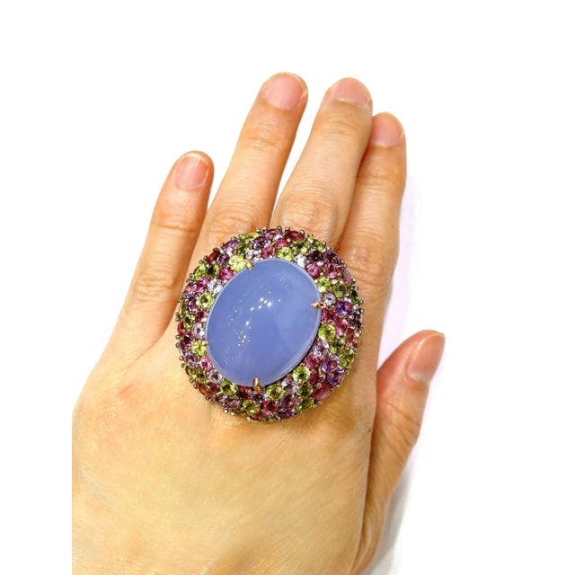 Bochic “Orient” Chalcedony & Multi Gem Cocktail Ring In 18K Gold & Silver, Size 6 For Sale - Image 11 of 11