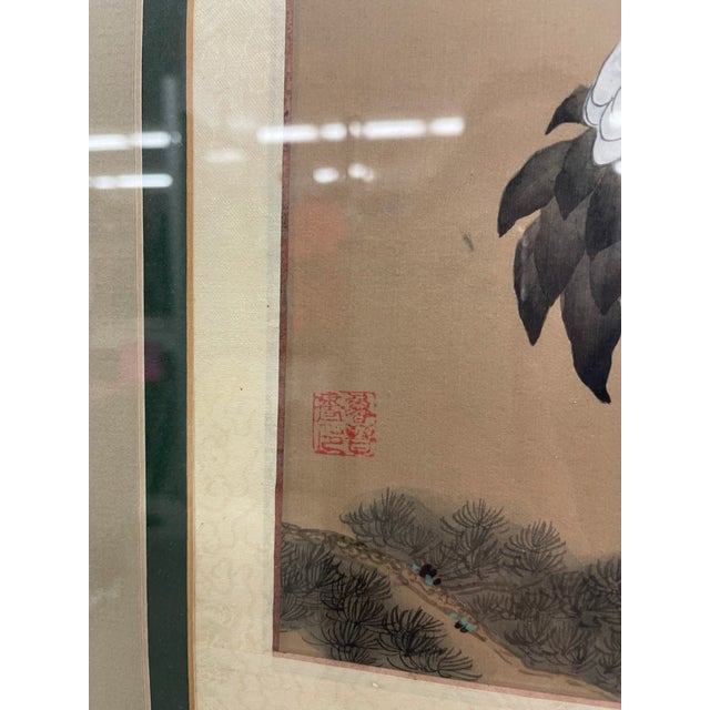 Framed Asian Crane Bird Artwork With Red Seal, Double-Matted Wood Frame, Vintage Decorative Wall Art Reproduction For Sale - Image 4 of 5