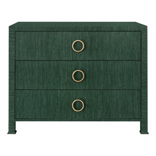 Matthew Izzo Home Getty Green Grasscloth Three Drawer Chest With Antique Brass Circle Drawer Pull For Sale