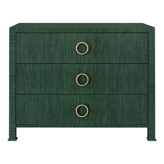 Matthew Izzo Home Getty Green Grasscloth Three Drawer Chest With Antique Brass Circle Drawer Pull For Sale