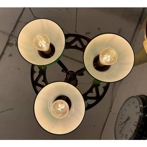 Antique Brass Neo Gothic Three Green Globe Ceiling Pendant Light Rewired For Sale - Image 10 of 10