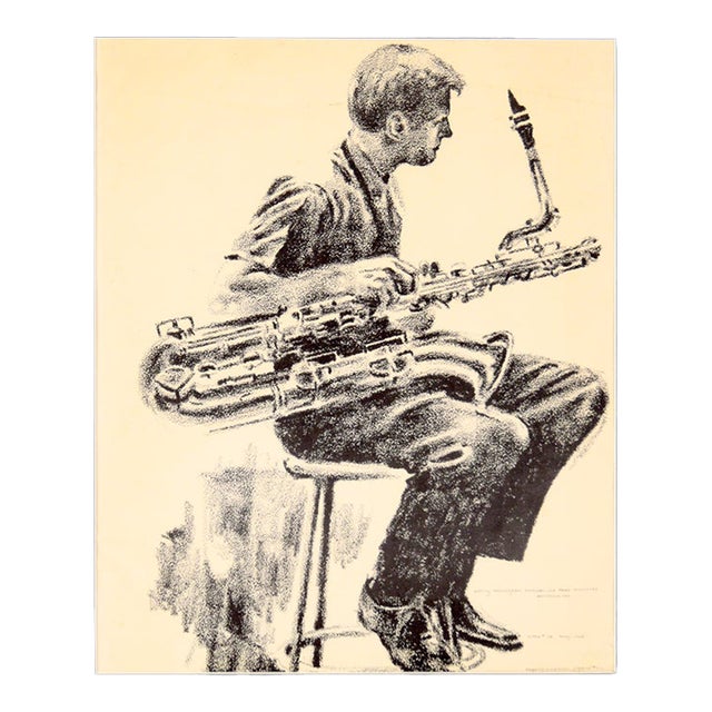 Gerry Mulligan, Baritone Sax - Rare Signed Figurative Lithograph in Ink on Paper by Eugene Hawkins For Sale