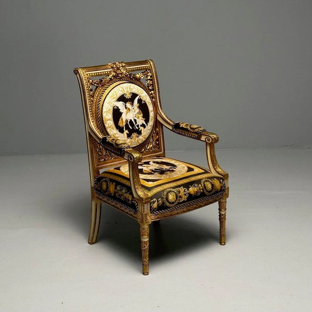Louis XVI, French Arm Chair, Versace Fabric, Giltwood, France, 1960s A Louis XVI style armchair designed and produced in...