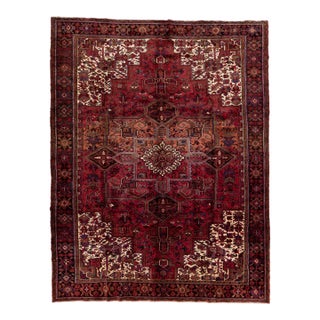 Vintage Handmade Persian Heriz Red Wool Rug With Medallion Design For Sale