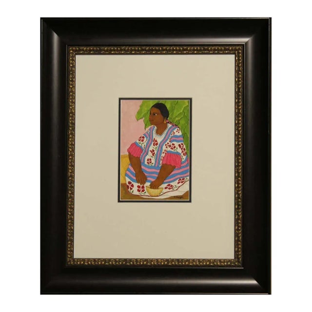 Nadine Mayes Colorful Watercolor Portrait of Seated Female in Blue and Pink Floral Dress 1990s For Sale - Image 11 of 11