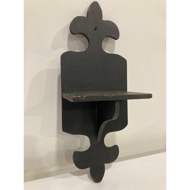 Antique Folk Art Carved Wood Wall Shelf With Black Paint For Sale - Image 4 of 8