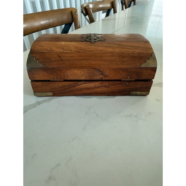 Vintage Barrel Topped Wooden Box With Brass Anchor Inlay For Sale - Image 4 of 5