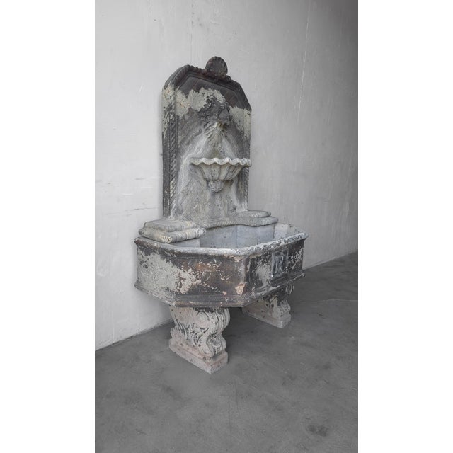 1970s Aged Cast Stone Lions Head Wall Spitting Garden Fountain For Sale - Image 5 of 14