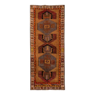 1960s Tan Vintage Azeri Handmade Tribal Motiif Wool Runner For Sale