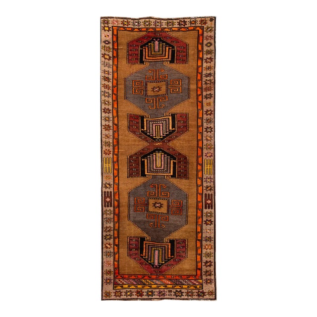 1960s Tan Vintage Azeri Handmade Tribal Motiif Wool Runner For Sale