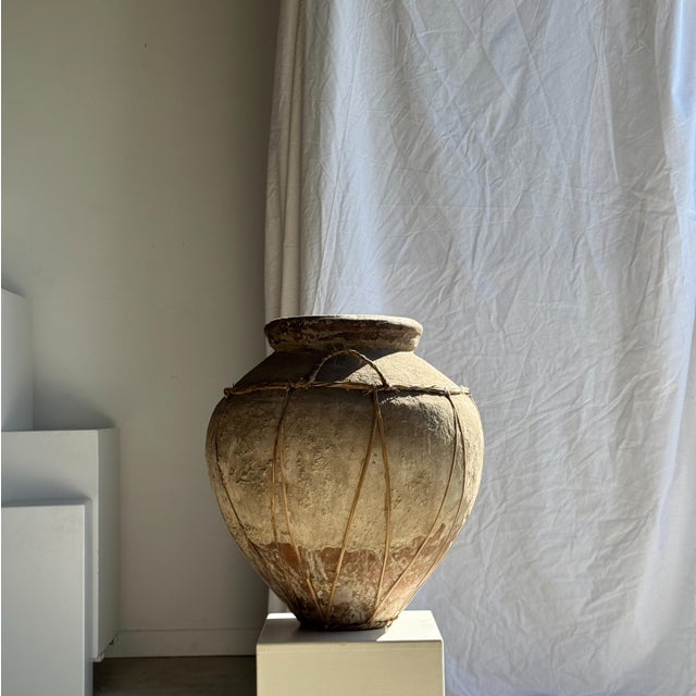 Large Grey and Red Terracotta Pot with Rattan Handles and Crossbars, 1980s For Sale - Image 4 of 9
