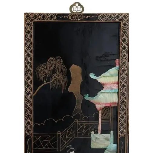 Antique Mid-Century Chinese Black Lacquer Wall Panels: Set of 4 With Raised Hardstone and Mother-of-Pearl Inlay For Sale - Image 9 of 16