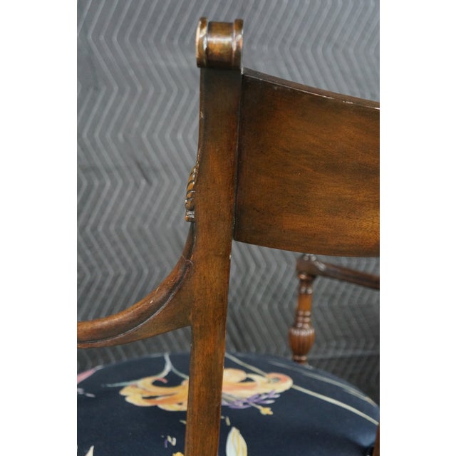 2 Antique English Sheraton Regency Style Mahogany Inlaid Floral Silk Arm Chairs For Sale - Image 14 of 18