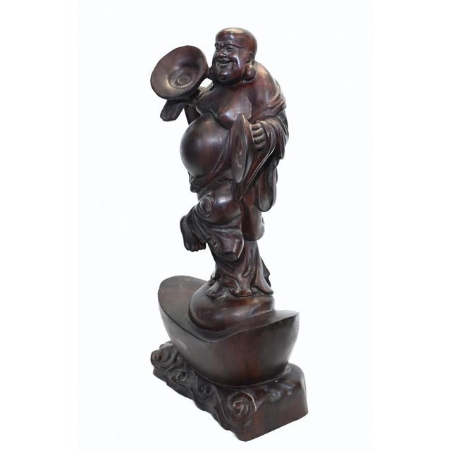 Wood Antique Chinese Happy Buddha Carved Hardwood Statue For Sale - Image 7 of 8
