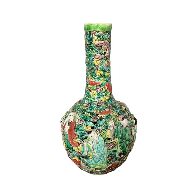 Offered for purchase is an unusual antique Chinese famille rose (Fencai) glazed small hollow engraved and molded bottle...