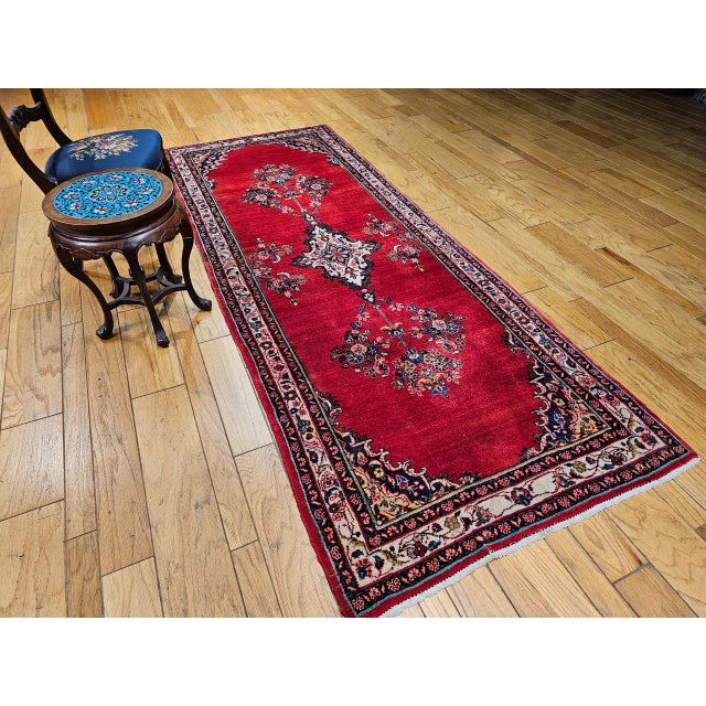 Red Vintage Persian Hamadan Wide Runner, Hand-Knotted Wool, Open Field Geometric Pattern, Red & Ivory. 4x10 For Sale - Image 8 of 18