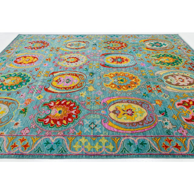 Contemporary Vibrant Oushak-Style Hand-Knotted Turquoise & Jewel-Tone Wool Rug For Sale In New York - Image 6 of 12
