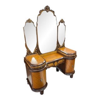 Antique 1930's Bedroom Mirrored Vanity, Hand Carved Walnut, Burl Inlay, Beveled Glass, Curved Cabinets For Sale