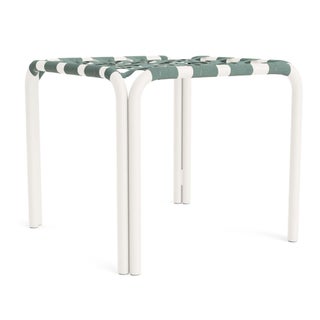Brown Jordan Kantan Aluminum Stacking Stool/Occasional Table in Chalk with Spa Suncloth Strapping For Sale