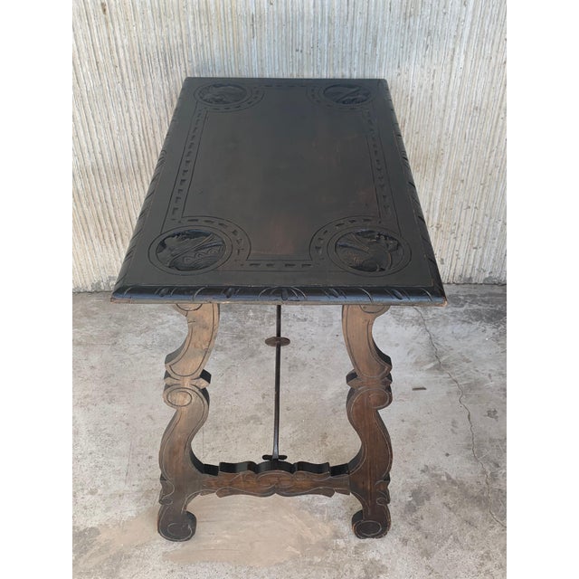19th Century Spanish Baroque Side Table with Carved Top & Legs & Iron Stretchers For Sale - Image 4 of 18