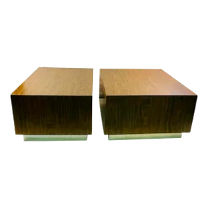 1970s Modern Burlwood Laminate & Chrome Tables - A Pair