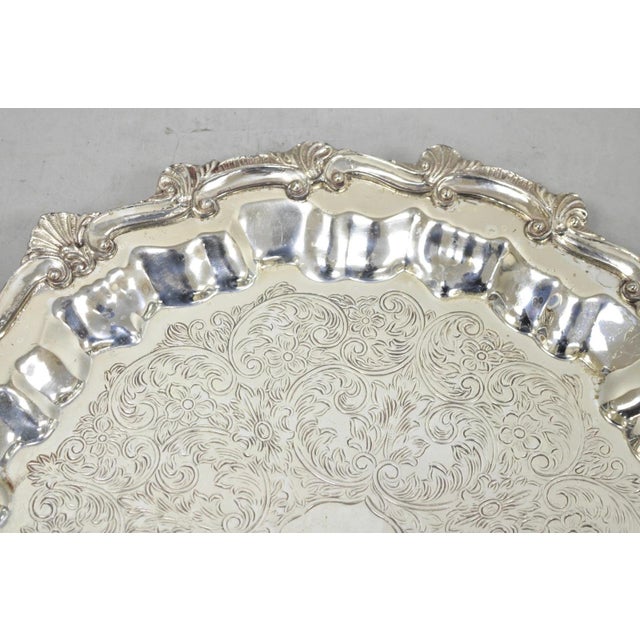Metal Vintage Victorian Silver Plated Round Scalloped Twin Handle Bar Serving Tray For Sale - Image 7 of 17