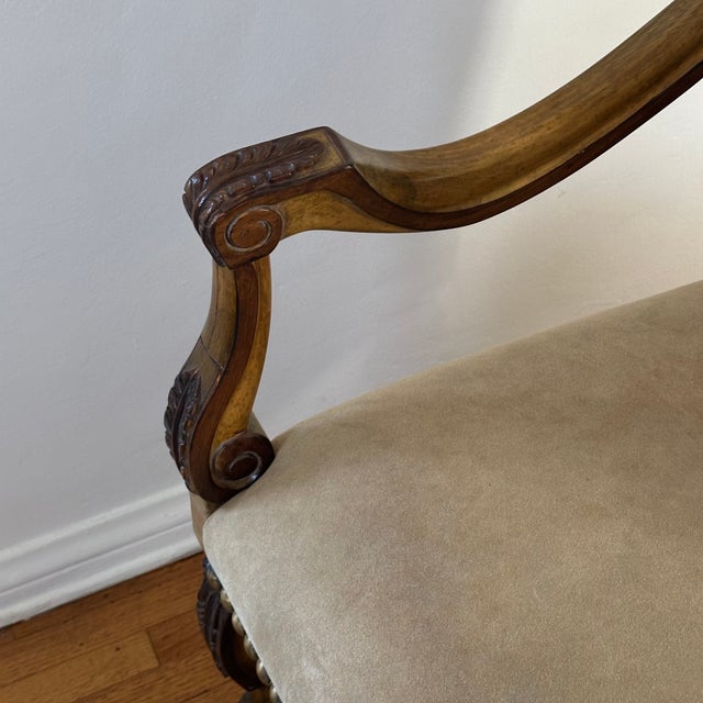 Vintage Richelieu Arm Chair in Antiqued Wood, Suede and Metallic Studs by Kreiss, a Pair (I do have four available -...