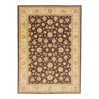 Modern Peshawar Brown Handmade Wool Rug With Palmettes Motif For Sale