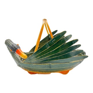 Mid-Century Modern Forest Green Figural Goose Shaped Rattan Basket For Sale