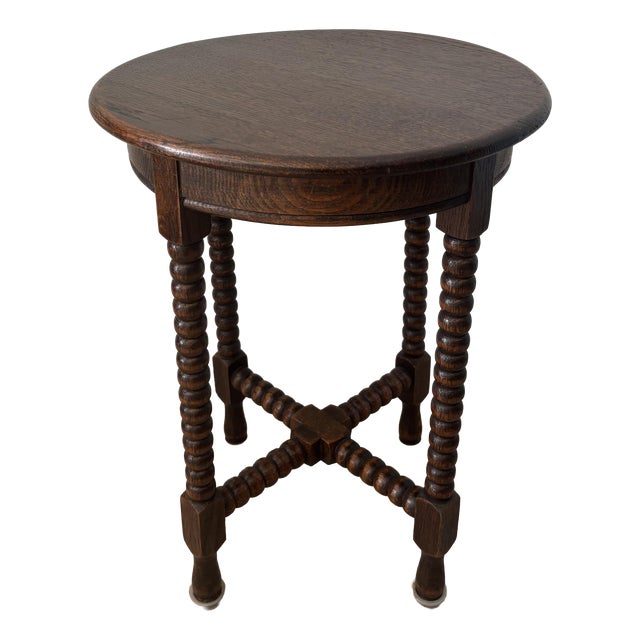 Small Vintage Round Woode Side Table with Turned Legs, 1950s For Sale