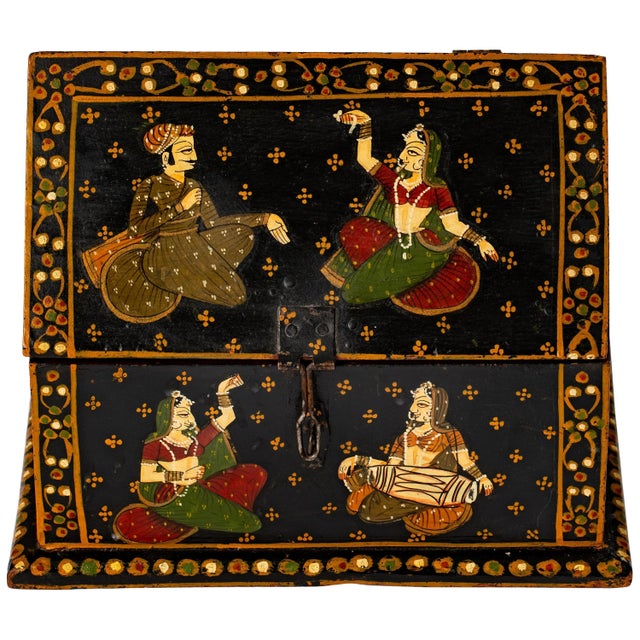 Vintage Rajasthani Indian Hand Painted Wood Jewelry Dowry Box For Sale - Image 13 of 13