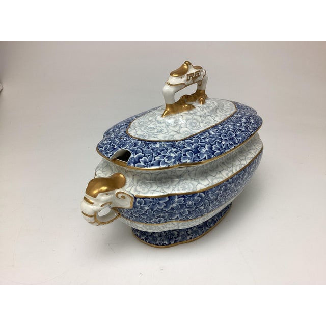 Royal Worcester Antique Royal Worcester Blue White and Gold Sauce Tureen With Elephant Handles For Sale - Image 4 of 8