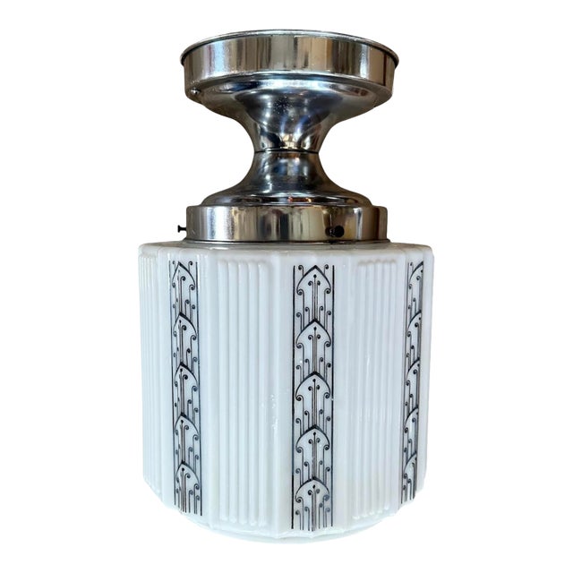 Art Deco Skyscraper Flushmount With Black Stencil on Original Chrome Holder, Circa 1930 For Sale