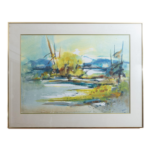 Mid-Century Abstracted Watercolor Landscape Painting by Madeline Bohanon