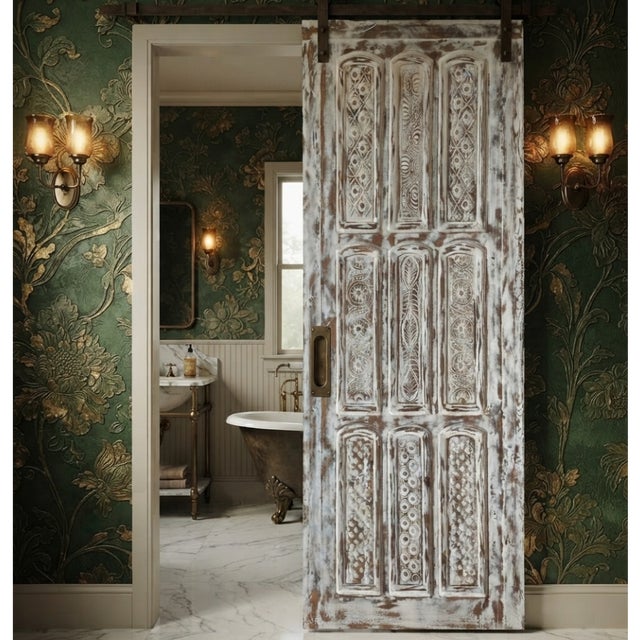Vintage Whitewashed Carved Wood Sliding Barn Door | Ornate Rustic Statement Piece 102 For Sale In Orlando - Image 6 of 6