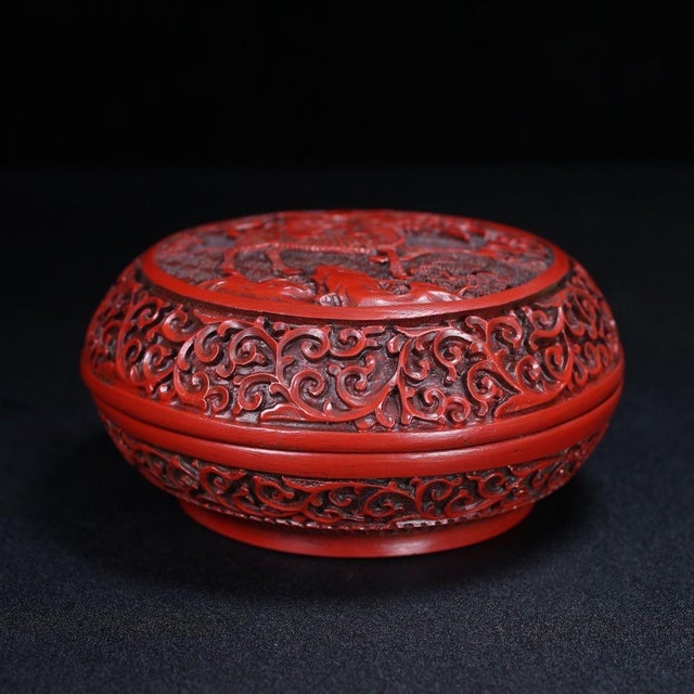 Red Cinnabar Lacquer Round Lidded Box With Kirin Relief Carving, Chinoiserie Decorative Trinket Box For Sale - Image 10 of 12