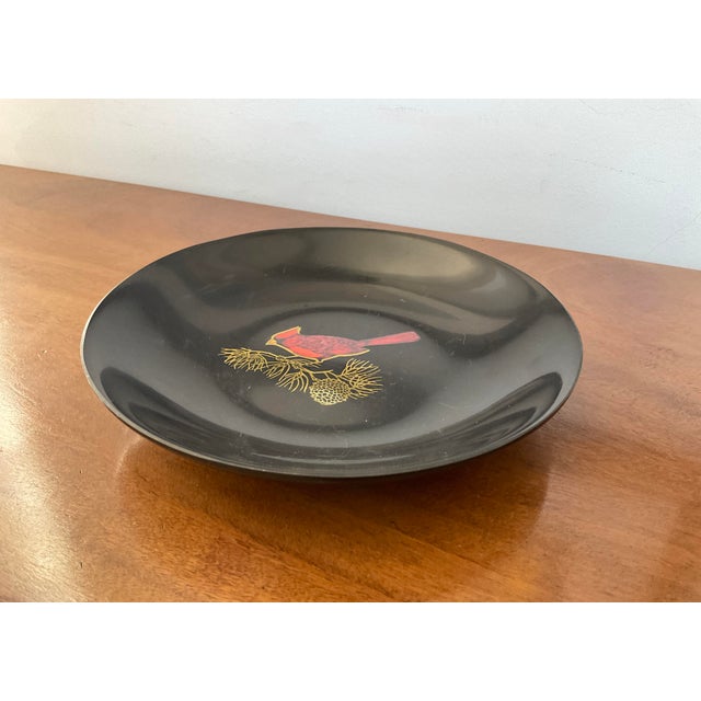 Mid-Century Modern Mid 20th Cerntury Couroc of Monterrey Black Utility Dish Inlaid With Cardinal For Sale - Image 3 of 12