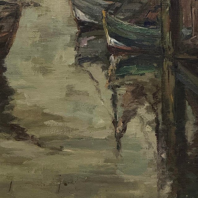 Antique Framed Oil Painting on Canvas by A. Sengier (1886-1964) 'Sailboats at the Quay' For Sale - Image 13 of 16